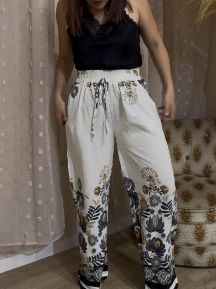 PANTALON LINO FLORES NEGRAS