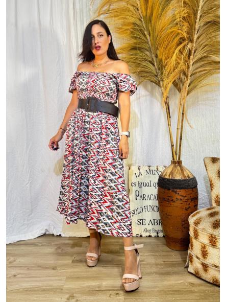 VESTIDO TONOS ROJO CUERPO PANAL DE ABEJA MANGAS DE FAROL