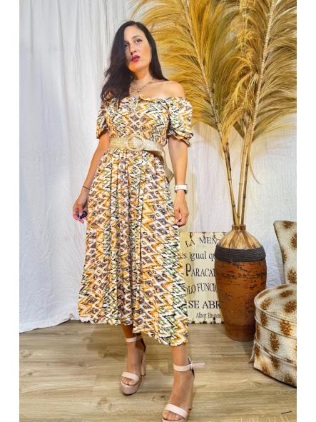 VESTIDO TONOS BEIG CUERPO PANAL DE ABEJA MANGAS DE FAROL