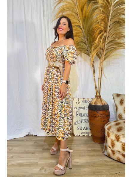 VESTIDO TONOS BEIG CUERPO PANAL DE ABEJA MANGAS DE FAROL [1]