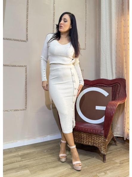 CONJUNTO BEIG DE CANALE DE FALDA CON BOTONES NACARADOS [0]