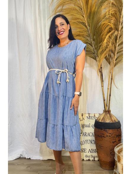 VESTIDO AZUL MANGA SISADA CINTURON DE BOLITAS DE MADERA [1]
