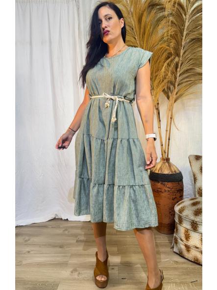 VESTIDO VERDE MANGA SISADA CINTURON DE BOLITAS DE MADERA [1]