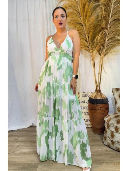 VESTIDO VERDE LARGO ESPALDA CRUZADA TIRANTES FINOS