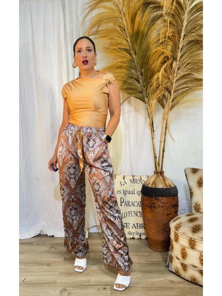 PANTALONES MAQUILLAGE ESTAMPADO LARGO TIPO RASETE GOMA EN CINTURA CON LAZO