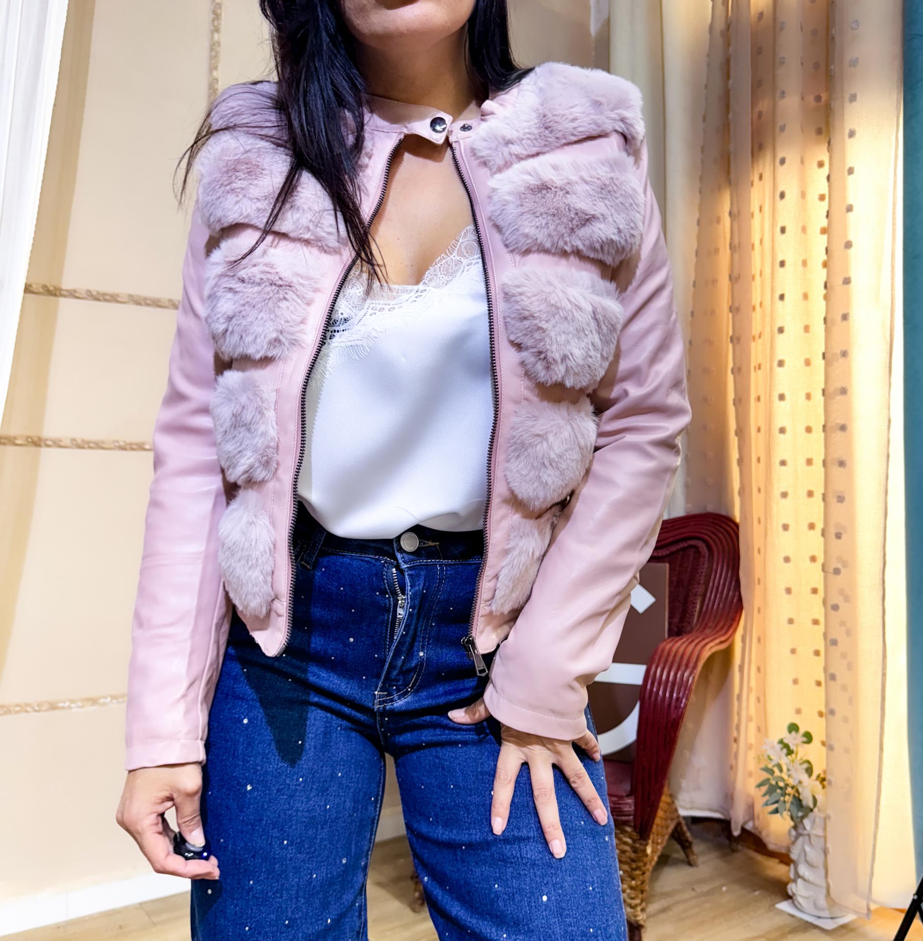 CAZADORA ROSA POLIPIEL CON RAYAS DE PELO