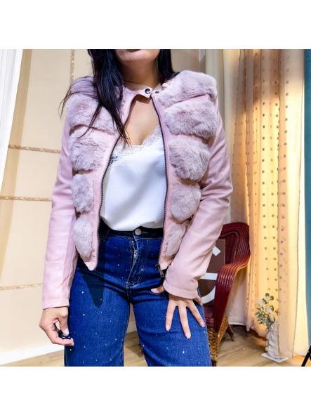 CAZADORA  ROSA POLIPIEL CON RAYAS DE PELO [0]