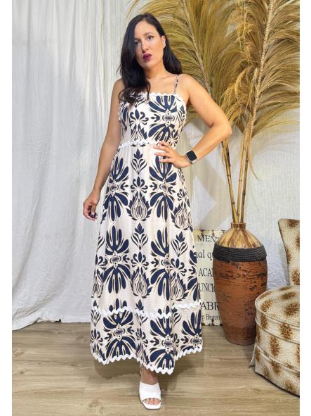 VESTIDO ESTAMPADO AZUL MARINO DE TIRANTE FINO CON RIBETES BLANCOS