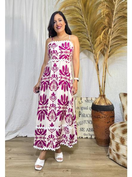 VESTIDO ESTAMPADO FUCSIA DE TIRANTE FINO CON RIBETES BLANCOS [0]