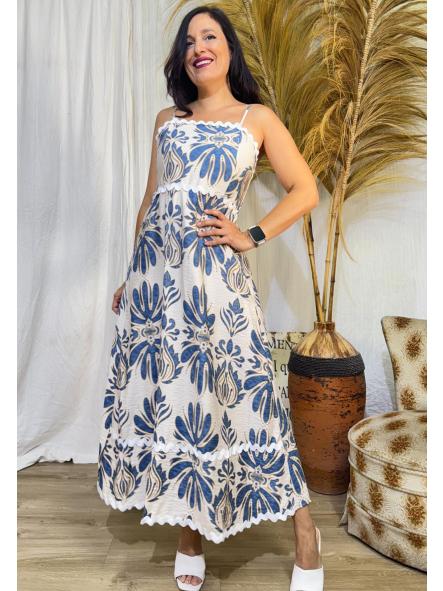 VESTIDO ESTAMPADO FTURQUESA DE TIRANTE FINO CON RIBETES BLANCOS