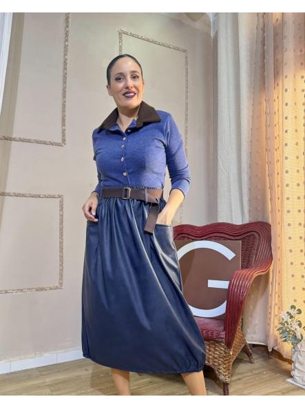 CAMISETA AZUL CUELLO MARRON BOTONES DORADOS [0]