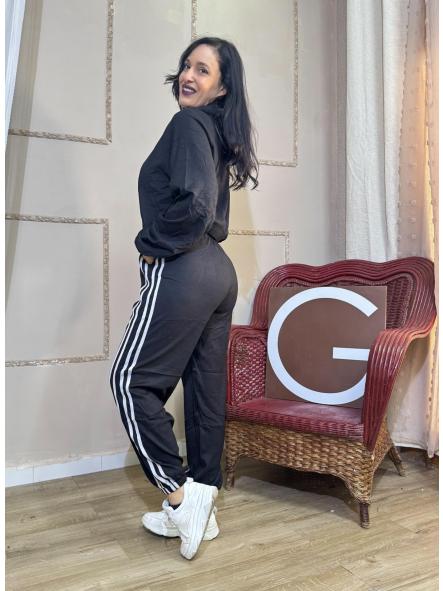 CHANDAL NEGRO PIEL DE MELOCOTON CON RAYAS BLANCAS SUDADERA CAPUCHA [1]