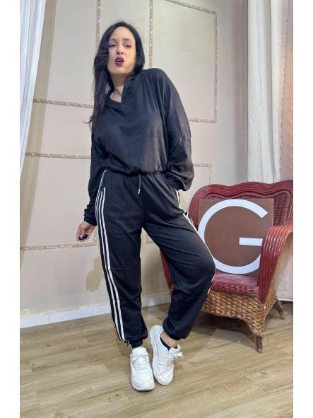 CHANDAL NEGRO PIEL DE MELOCOTON CON RAYAS BLANCAS SUDADERA CAPUCHA [0]