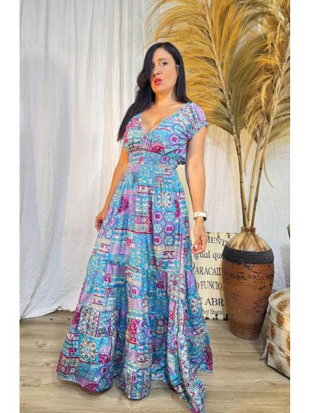 VESTIDO HINDU TONOS LILA TURQUESA 
