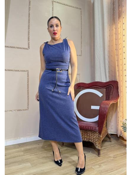 VESTIDO AZUL PETROLEO SIN MANGAS CINTURON INCLUIDO [0]