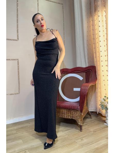 VESTIDO NEGRO DE FIESTA ESPALDA AL AIRE TIRANTE CON LAZADA [0]