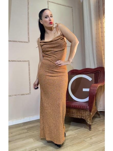 VESTIDO DORADO DE FIESTA ESPALDA AL AIRE TIRANTE CON LAZADA [0]