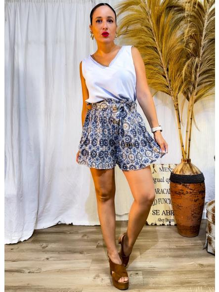 PANTALON AZULON CORTO PLISADITO DE BOHO