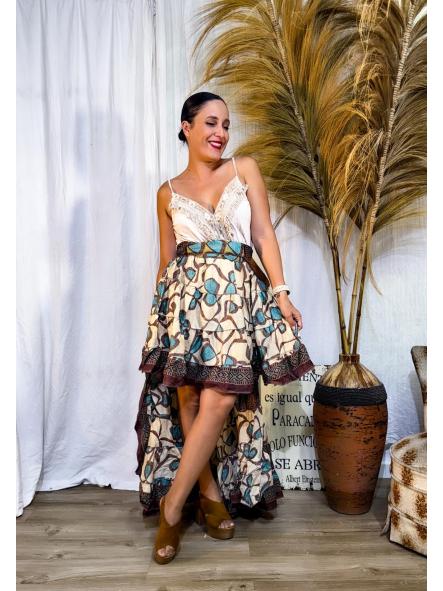 Vestido Boho Asimétrico Panel Abeja /Marrón /Beige/Turquesa 