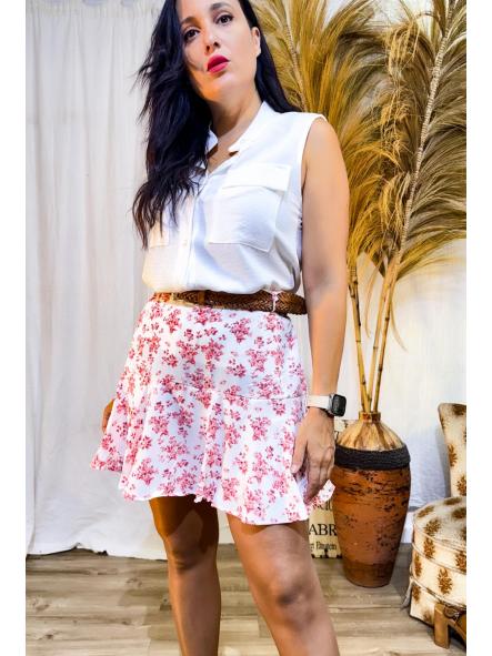 FALDA PANTALON FONDO BLANCO DE FLORES ROSA