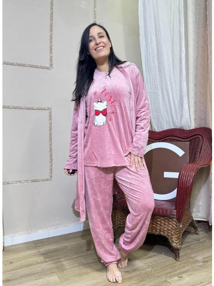 PIJAMA ROSA TRES PIEZAS GATITOS LAZO ROJO [2]