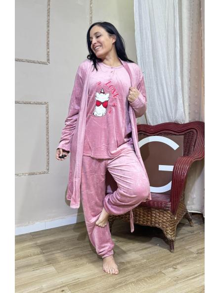 PIJAMA ROSA TRES PIEZAS GATITOS LAZO ROJO [0]