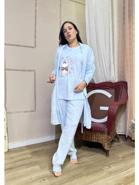 PIJAMA AZUL TRES PIEZAS GATITOS LAZO ROJO