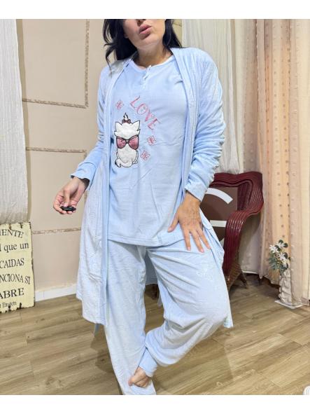 PIJAMA AZUL TRES PIEZAS GATITOS LAZO ROJO [1]