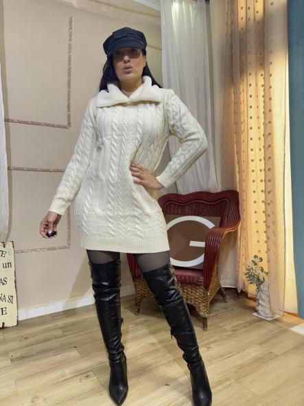 VESTIDO DE PUNTO CUELLO PELO BEIG