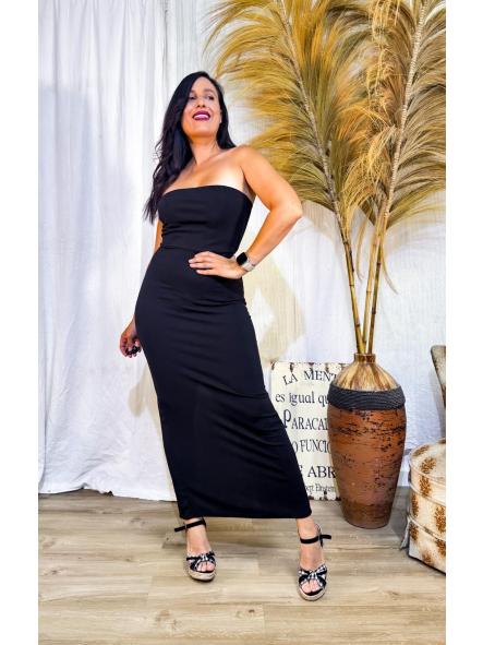 VESTIDO NEGRO LARGO PALABRA DE HONOR FRUNCIDO
