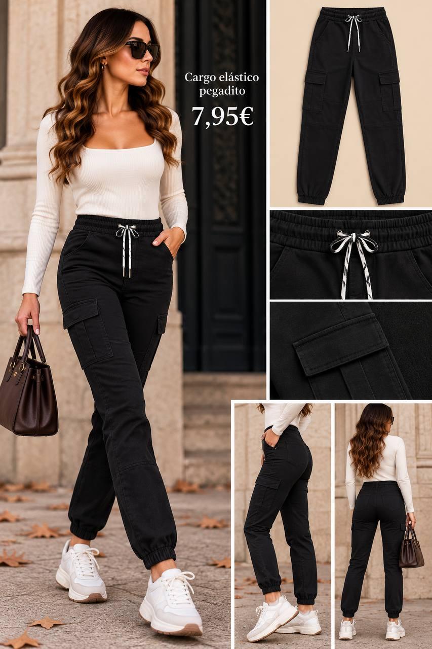 PANTALON CARGO ELASTICO NEGRO