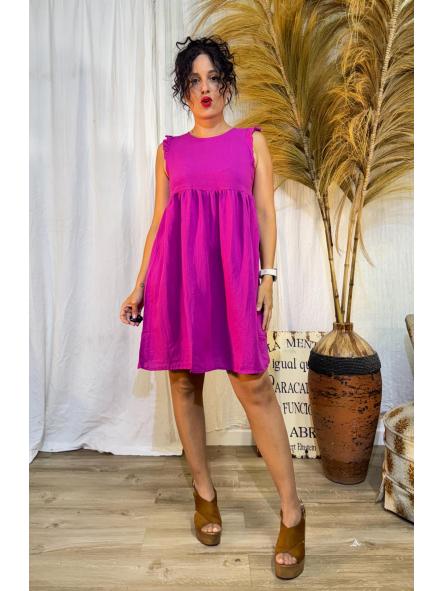 VESTIDO FUCSIA CORTO MANGA SISADA CON VOLANTITO