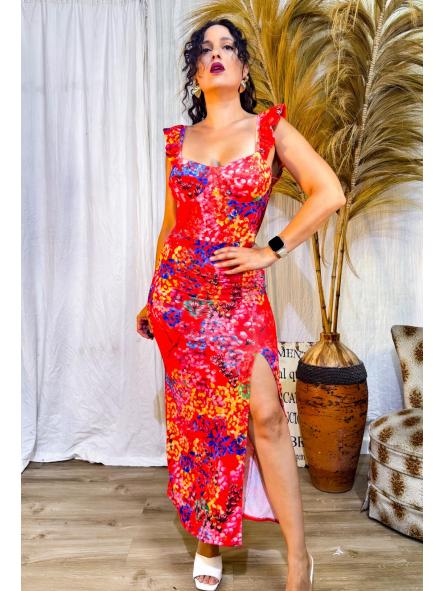 VESTIDO LARGO FONDO ROJO DE FLORES TIRANTE VOLANTITO