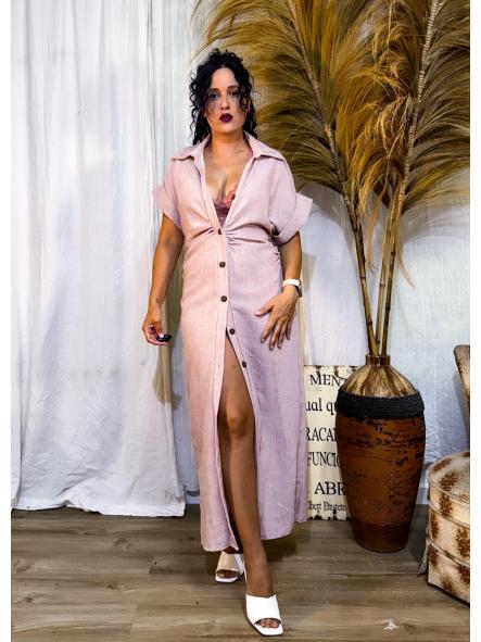 VESTIDO ROSA FRUNCIDO DELANTE CON BOTONES