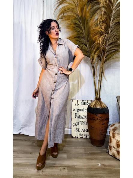 VESTIDO CAFE CON LECHE FRUNCIDO DELANTE CON BOTONES