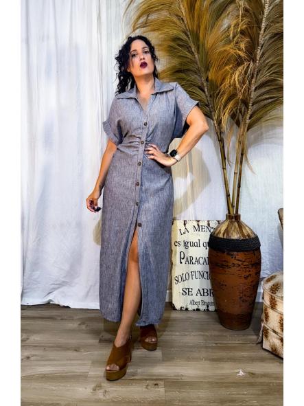 VESTIDO GRIS FRUNCIDO DELANTE CON BOTONES