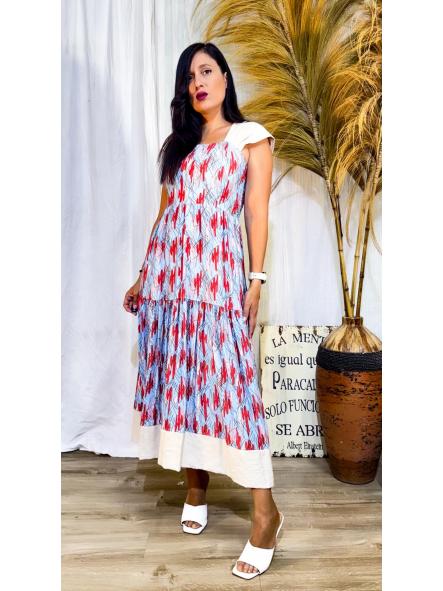 VESTIDO FONDO AZUL MOTIVOS EN ROJO 