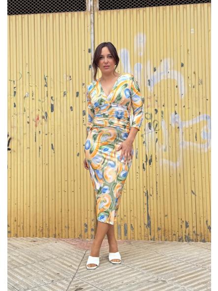 VESTIDO LARGO NARANJA Y VERDE [2]