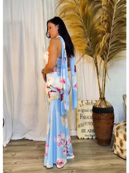 VESTIDO AZUL PALABRA DE HONOR ESTAMPADO CON LAZADA