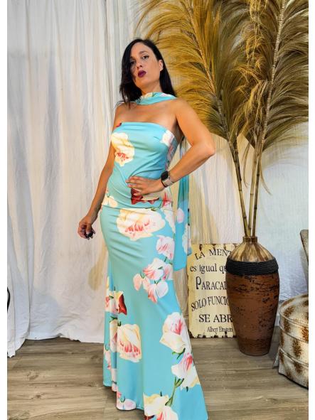 VESTIDO TURQUESA PALABRA DE HONOR ESTAMPADO CON LAZADA