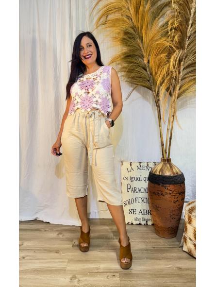 CAMISETA CROCHET BEIGE LILA 