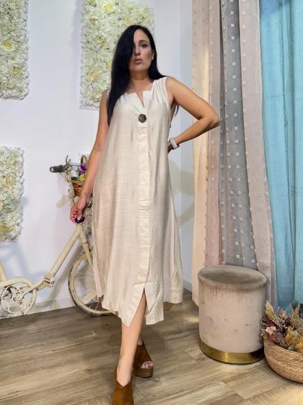 VESTIDO LINO BOTON DORADO BEIG [1]