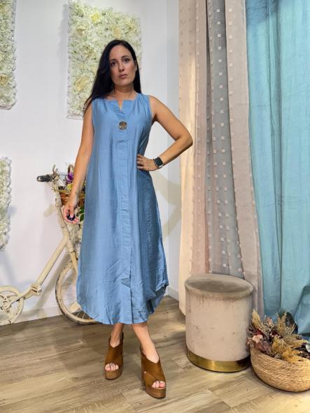 VESTIDO LINO BOTON DORADO AZUL