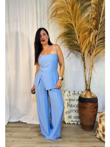 CONJUNTO AZUL CLARITO DE PANTALON LARGO TOP BOTONES DORADOS
