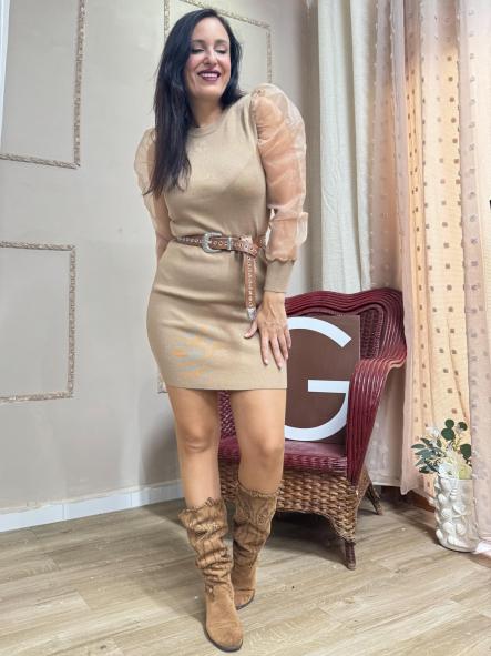 VESTIDO MANGAS ABULLONADAS CAMEL [1]