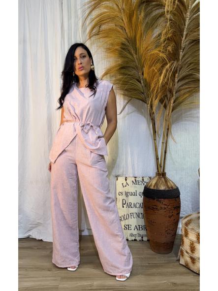 CONJUNTO DE LINO ROSA PANTALON LARGO [2]