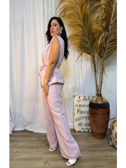 CONJUNTO DE LINO ROSA PANTALON LARGO