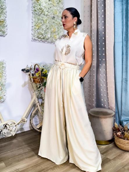 PANTALON PALAZZO LINO BEIGE [0]