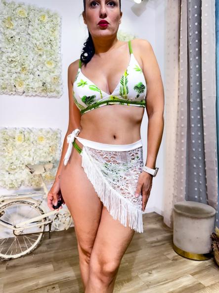 BIKINI FONDO BLANCO TIRANTES VERDES CON PALMERAS