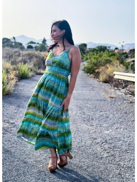 VESTIDO LARGO FRANJAS DE COLORES VERDE Y AZUL [2]